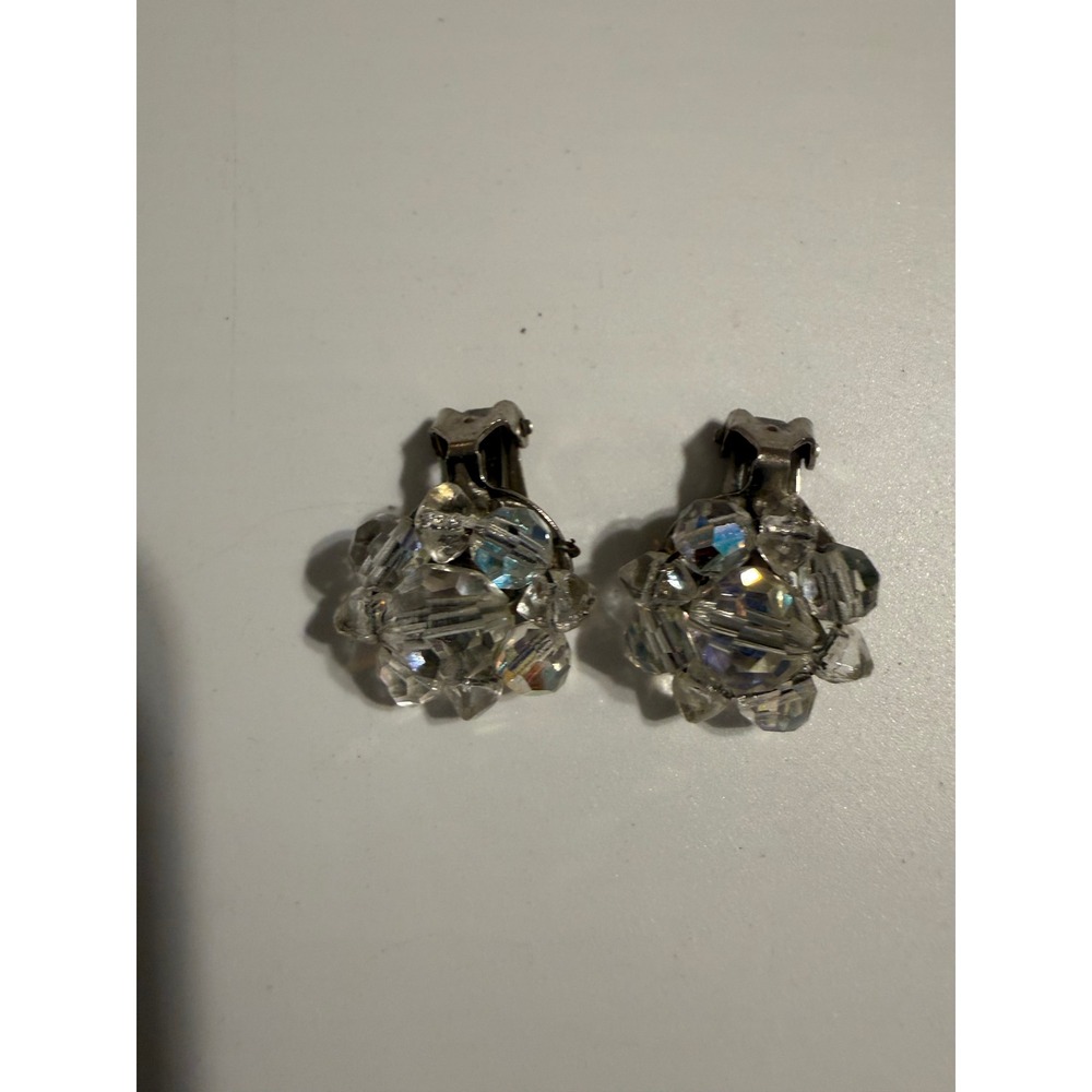 Vintage Aurora‎ Borealis Crystal Cluster Clip On Earrings Iridescent Silver Tone